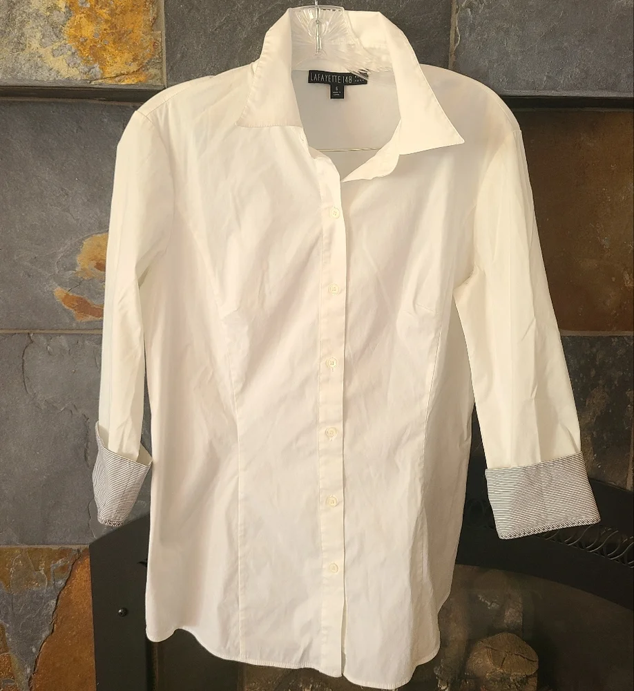 Lafayette 148 New York White Button Down Shirt sz 6 stripped accent sleeve cuffs - Picture 6 of 8